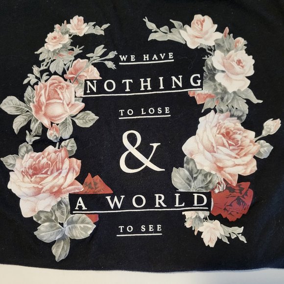 Black Floral Print T-shirt with Quote, sz XS-S - Picture 1 of 3